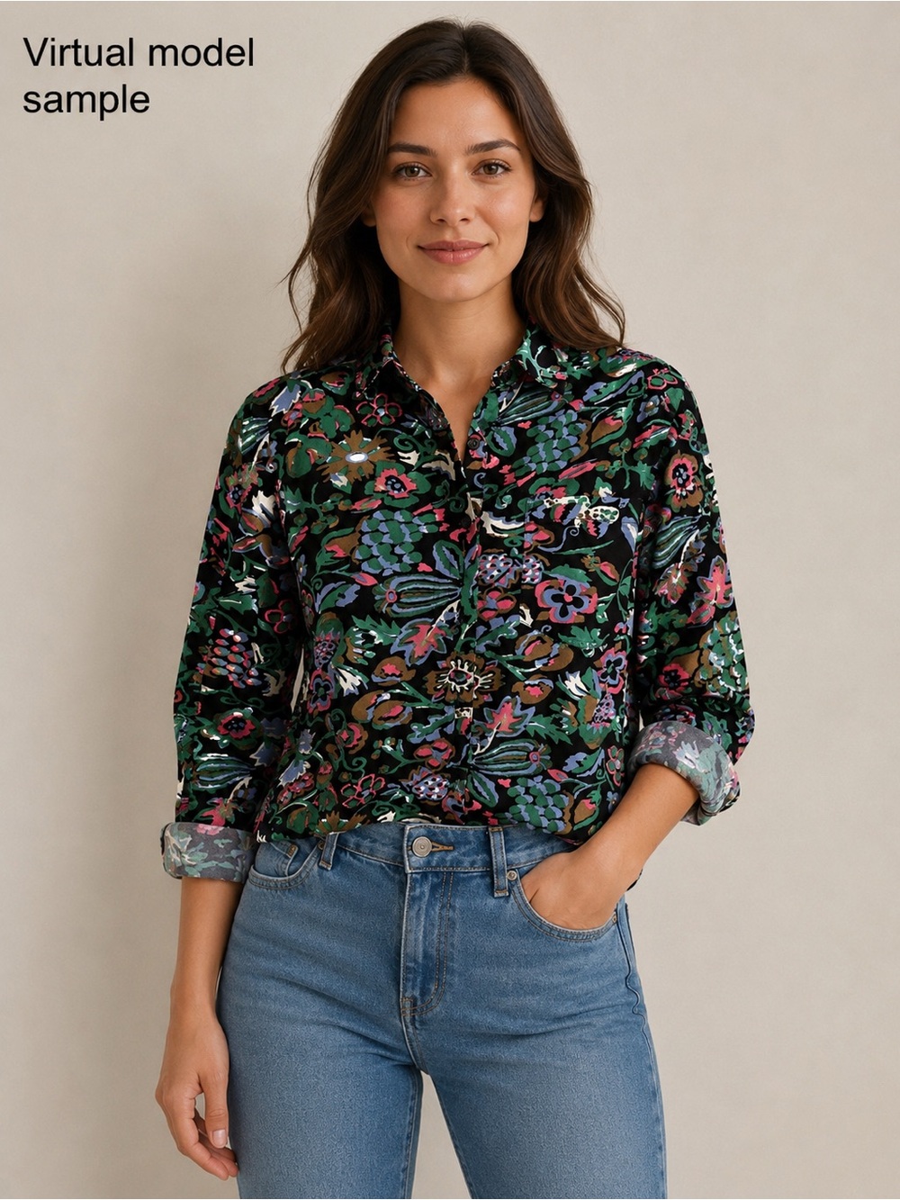 Black Floral Print Button-Down Shirt